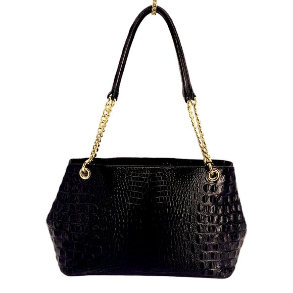 BRAHMIN BLACK CORINGTON TOTE w/ GOLD CHAIN STRAPS - Picture 4 of 12
